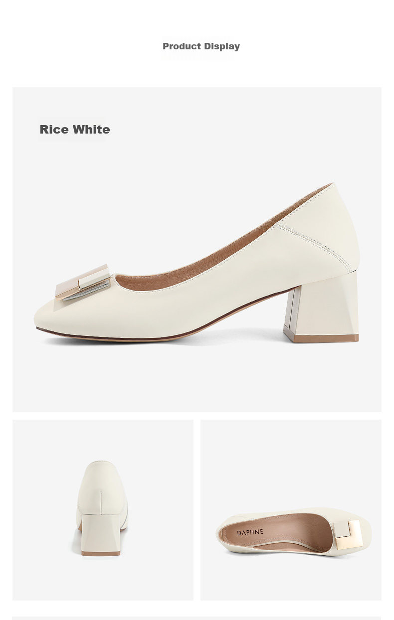 DAPHNE Women's Single Shoes, Summer 2022, Chunky Heel, Shallow Mouth, Small Leather Shoes, French High Heels, Beige, Size 36 7