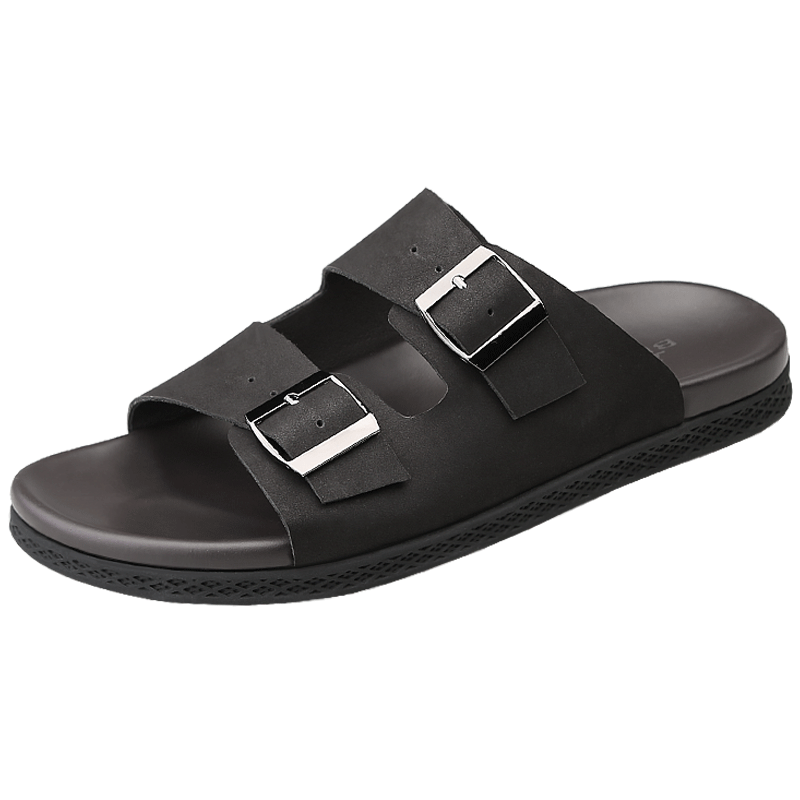 Ram Men's Genuine Leather High-End Slide Sandals Durable Non-Slip First Layer Cowhide Summer Beach Shoes Black Size 39