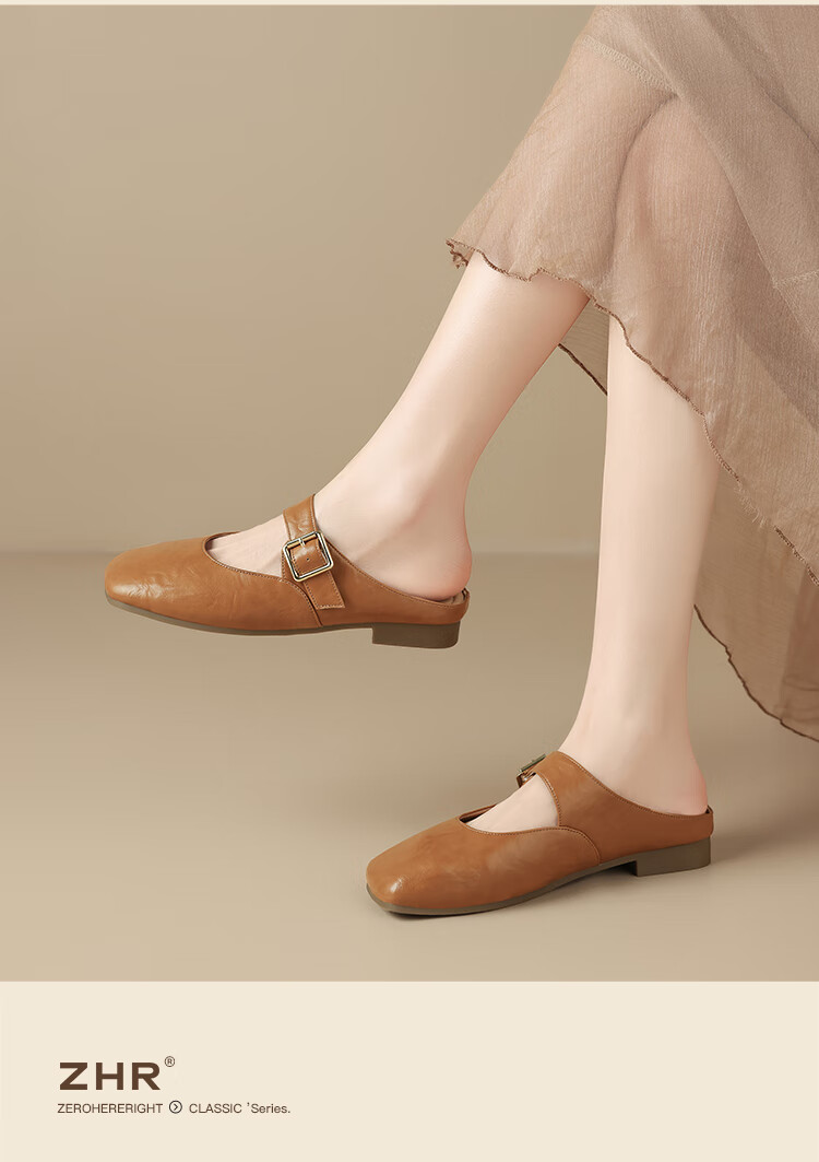 ZHR Zese Mueller Women's Classic Versatile Outdoor Half-Slip Elegant Low-Cut Mary Jane Shoes KH18 Pumpkin Color Size 36 12