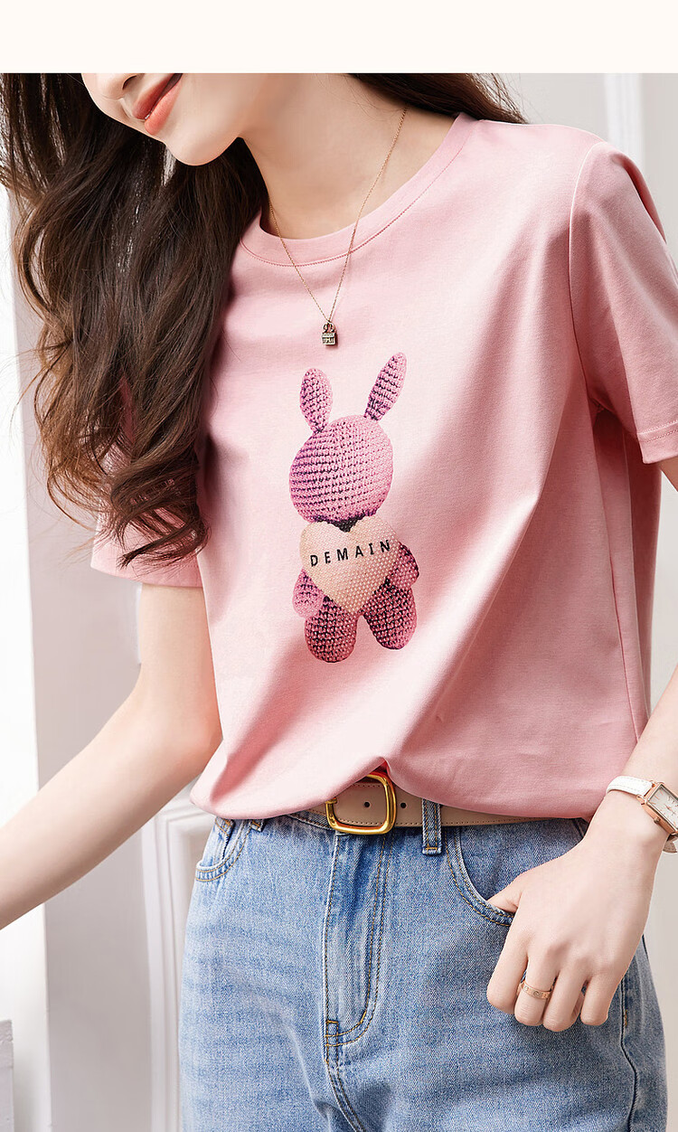 Dme [Fairy Tale Town], Xiayunduo Pure Cotton Rabbit Print, Rhinestone Short-Sleeve T-Shirt for Women, Comfortable And Flattering Women's Tee 16
