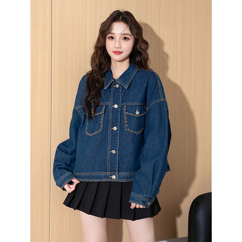 TonLion 2025 Spring Women's Lapel Pocket Detail Denim Jacket, Dark Denim Blue, M