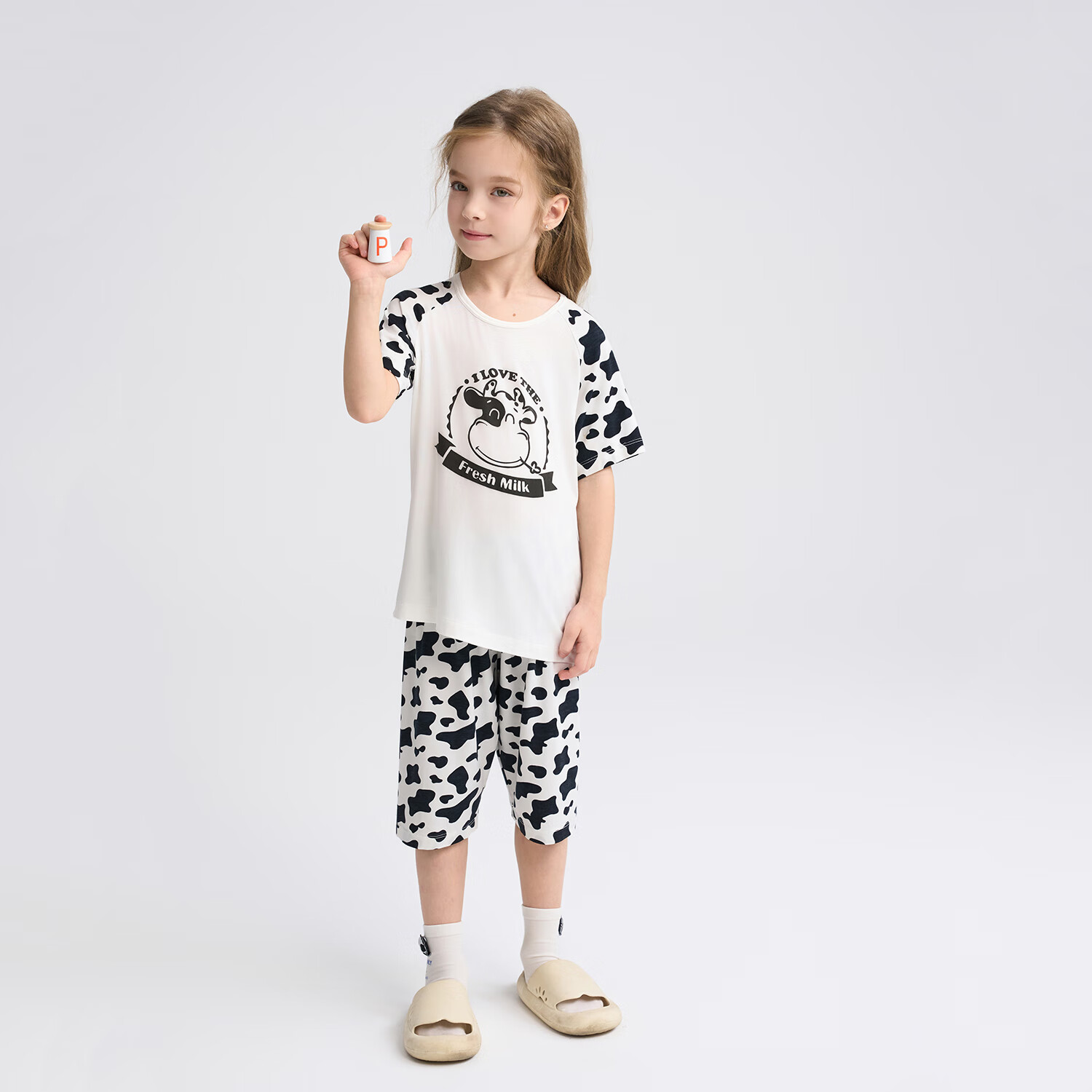 Aimer Kids Girls' Pajama Set, Milk Skin Fabric, 3A Antibacterial Short-Sleeve Sleepwear/pajama Pants, Single Piece