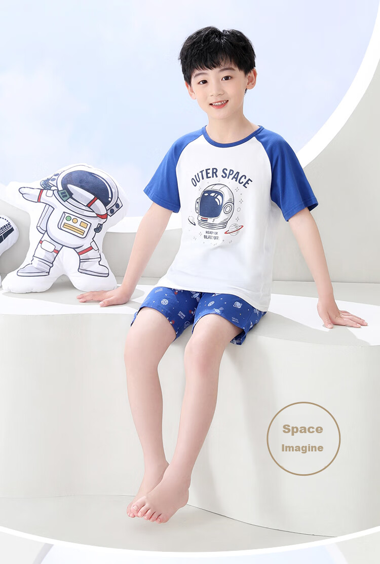 Hodohome Children's Pajamas, Boys' Summer Pure Cotton Loungewear, Big Kids Short-Sleeve Shorts Air Conditioning Suit Set, Size 315 One 165 9