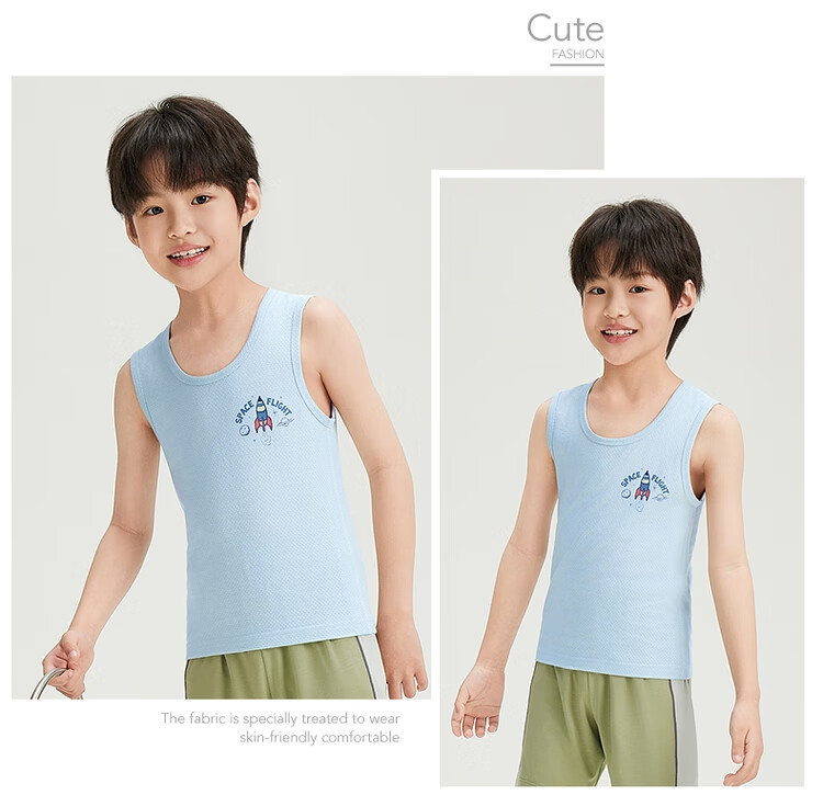 THREEGUN Kids Vest Soft Cotton Mesh Boys Girls Round Neck Vest Aqua Green 120 24