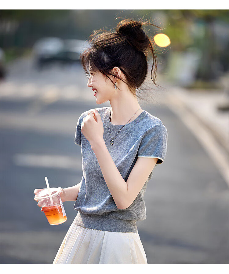 Shangjing Women's Short Sleeve Knit Top Summer New Slim Fit Simple Short T-Shirt for Petite Women 6