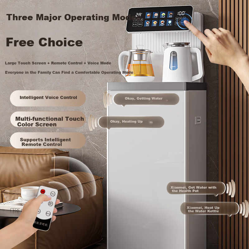 MeiLing Water Dispenser with Integrated Cabinet, Bottom-Mounted High-End Office Use, Steam Spray Tea Brewing, Multi-Temperature Adjustment, Smart Voice Control, Remote Control Tea Bar Machine 8977pro (Dual Coupling Model)