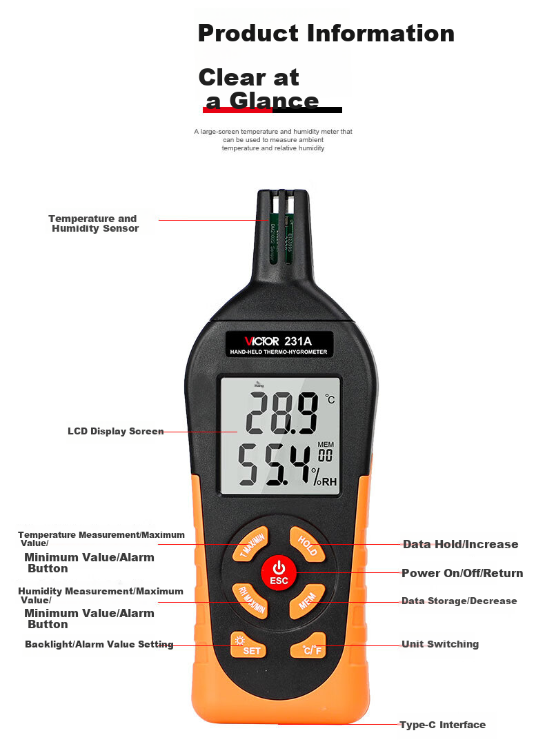 VICTOR Handheld Industrial Thermometer And Hygrometer, High-Precision Home Temperature Meter, Indoor Digital Humidity Detector, VC231 6