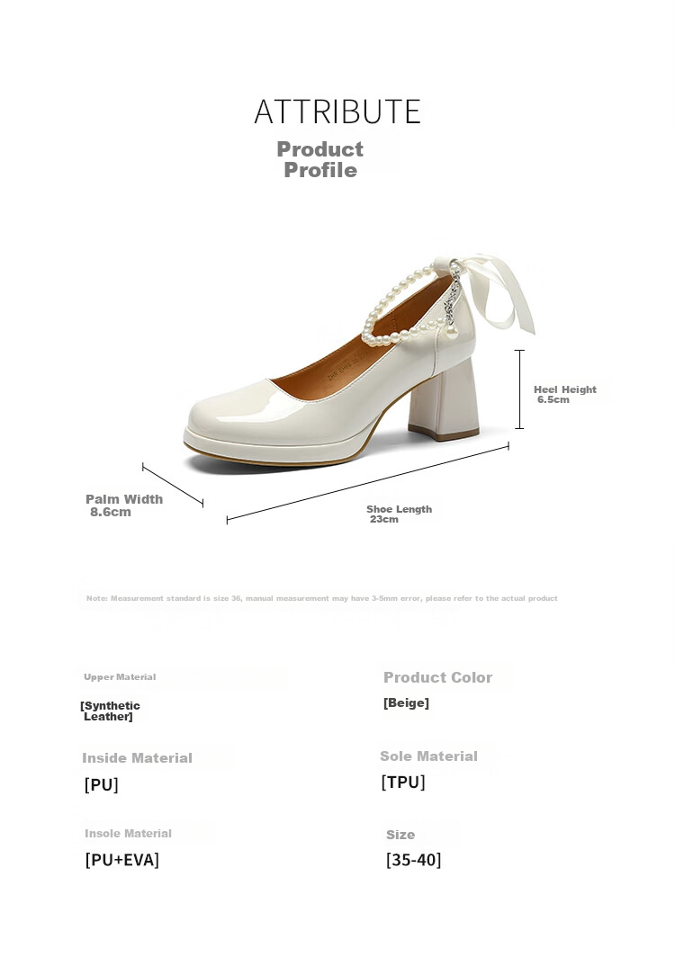 ZHR Women's Single Shoes, Summer Elegant Heightening Mary Jane Shoes, Pearl Comfortable Women's Shoes, EH69, Beige, Size 34 5