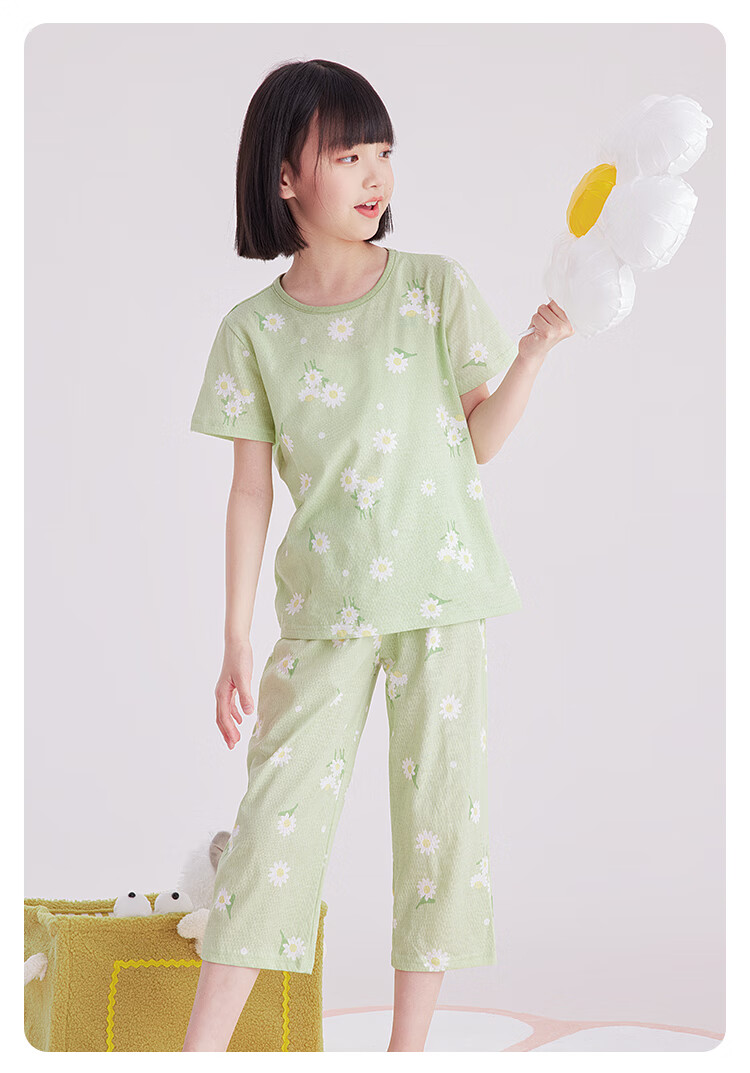 DEESHA Girls' Pajamas, Spring And Summer Thin Mesh Breathable Antibacterial Pure Cotton Air Conditioning Wear, for Older Children's Home Wear Set 9