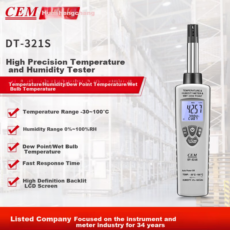 CEM DT-321S Thermometer And Hygrometer, Professional High-Precision, Wet Bulb Dew Point Temperature Detector, Industrial Thermometer And Hygrometer