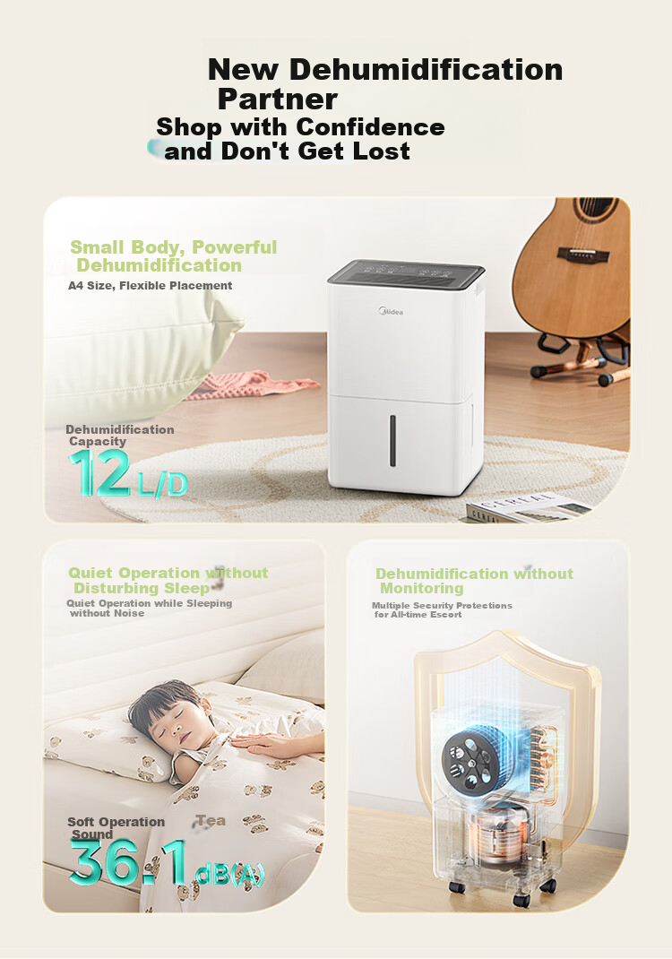 Midea Dehumidifier, 12L/day Capacity, Self-Operated Home Use for 20㎡, Quiet Operation, Compact Size, Suitable for Living Room And Bedroom, Moisture-Proof, Clothes Drying, Dehumidification Device CF12BD/N7-DO 7