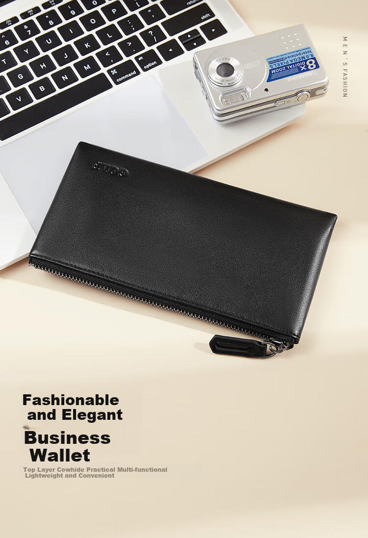 GOLF Men's Wallet, Top-Grain Leather, Multi-Card Slots, Long Wallet, Lightweight Bank Card Holder, Zipper Pouch, Leather Billfold, Gift Box Set 1