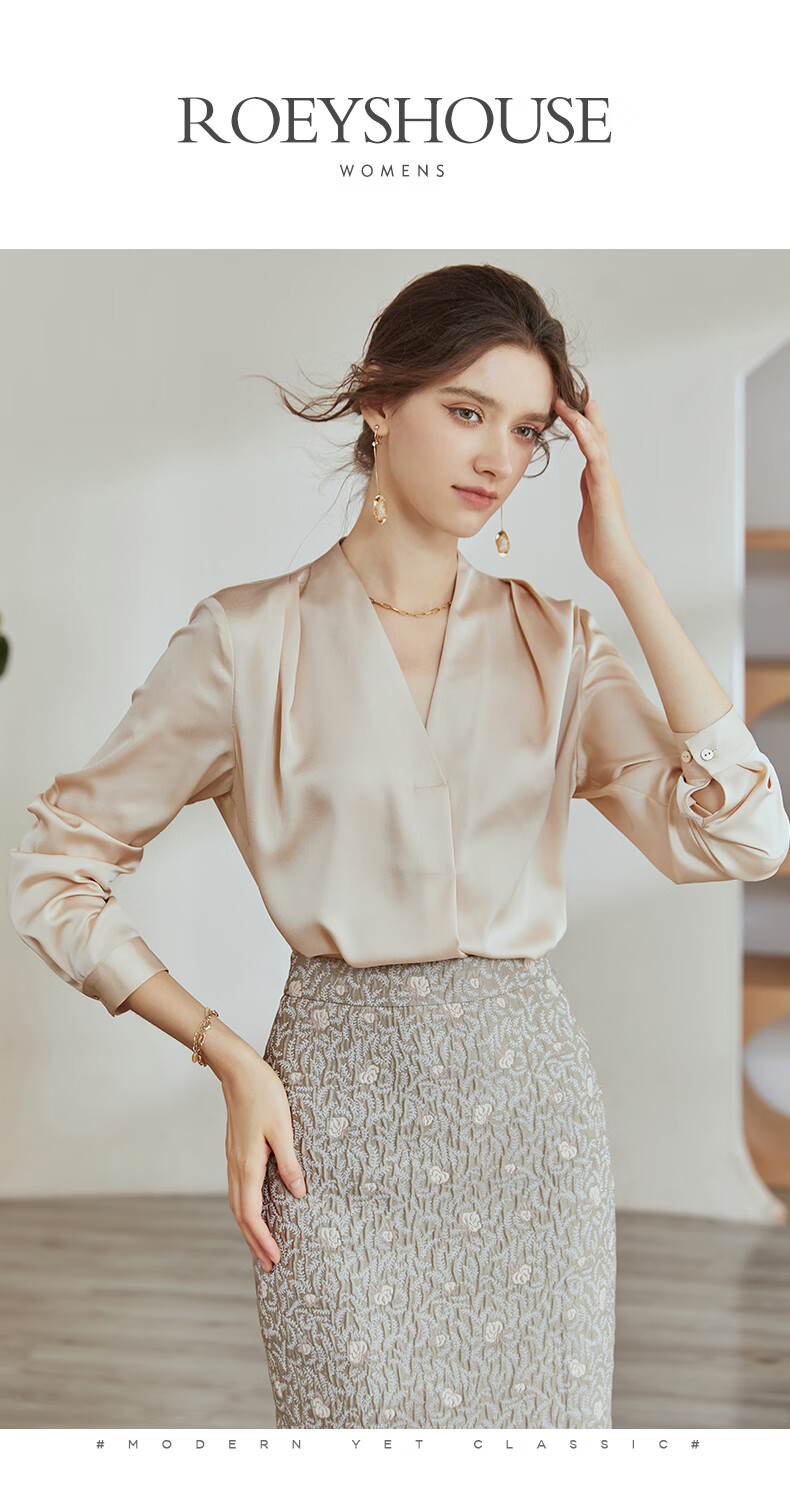 ROEYSHOUSE Satin Shirt for Women 2025 Summer Elegant V-Neck Long Sleeve Top Apricot M 1