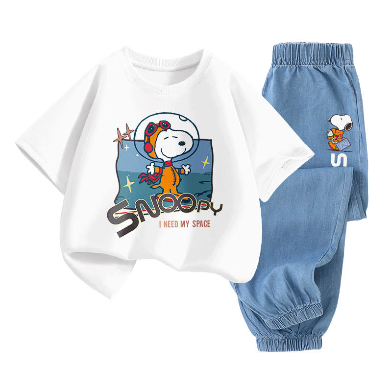 SNOOPY Boys And Girls Short-Sleeve T-Shirt And Jeans Two-Piece Set Children's Short-Sleeve Outfit, White Astronaut + Dark Blue Space, Size 140