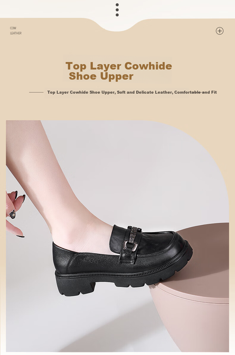 Qiangren Fashion Platform Women's Loafers, Top-Grain Leather Breathable Women's Flats, JDA73273, Black, Size 35 4