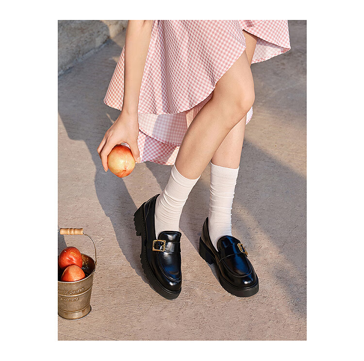 Le saunda [Jazz Movement] Fashion British Style Solid Color Deep Mouth Round Toe Loafers Women's Flats 45403 Black BKL 34 5