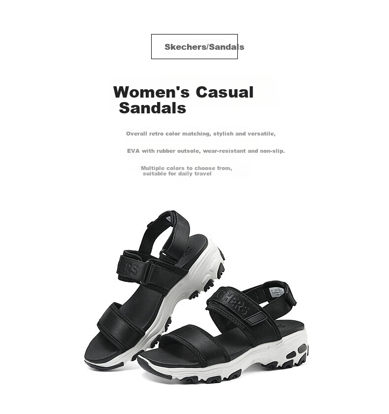 Skechers Casual Retro Women's Shoes, Thick-Soled Open-Toe Sandals, Versatile Outdoor Beach Shoes 119853, Black, Size 36 1