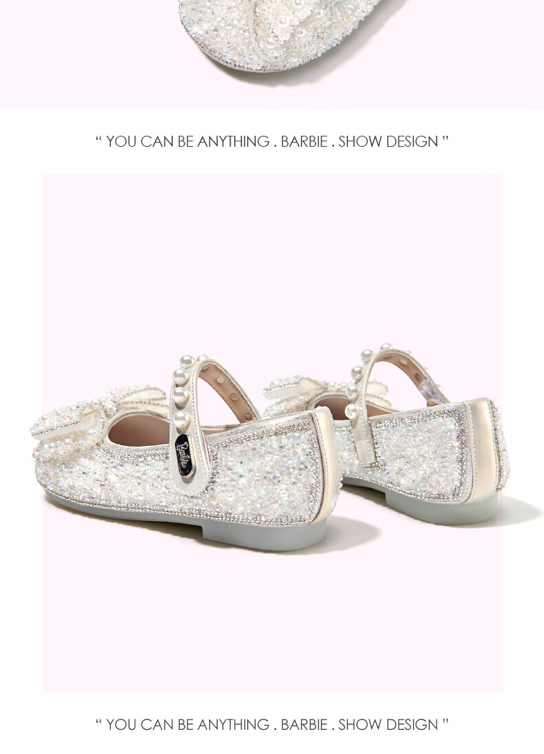 Barbie Girls' Spring And Autumn Pearl Crystal Shoes, Rhinestone Girls' Fashion Leather Shoes, Stage DA6719, Beige, Size 33 7