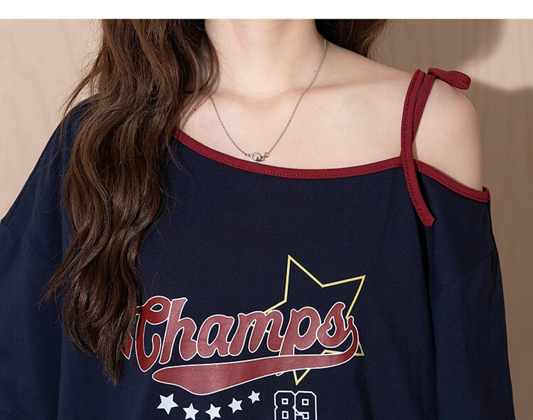 Tangshi 2025 Summer Women's American Style Color-Block One-Shoulder Printed Short Sleeve T-Shirt 12
