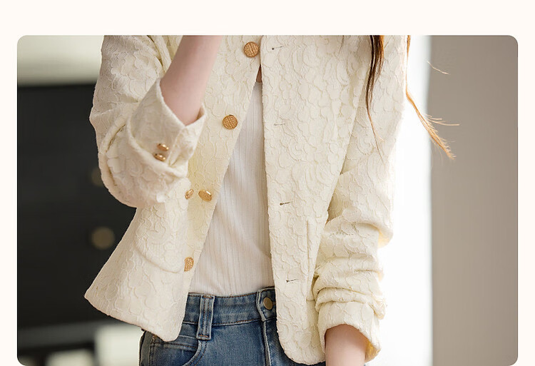 Dme [Sophisticated Fashionista Style] Spring Elegant Chanel-Inspired Lace Round Neck Waist-Cinching Metal Button Fashionable Short Jacket for Wome 4