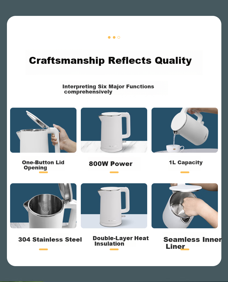 Grelide Electric Kettle, 1000W Low Power, for Student Dormitory, 1L Capacity, Double-Layer Anti-Scalding Design, Hotel-Grade 304 Stainless Steel Seamless Inner Pot, Hot Water Kettle HD1010 2