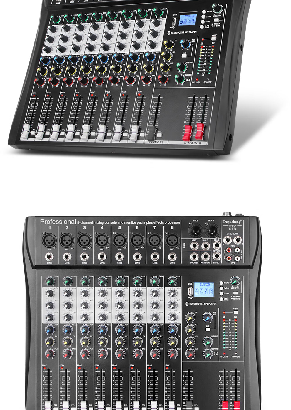 Depusheng DT8 Professional 8-Channel Mixer Stage Performance Video Conference Training Recording Live Singing Reverb USB Bluetooth MP3 Playback Multi-Channel Control Outdoor with Effects Equalizer 14