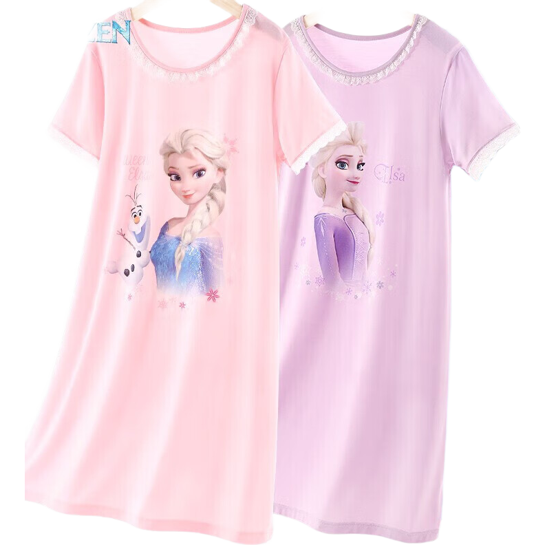 Disney Girls' Nightgown, Summer Thin Modal Sleepwear, Children's Short-Sleeve Ice Silk Pajamas, 1027D Pink, 140cm