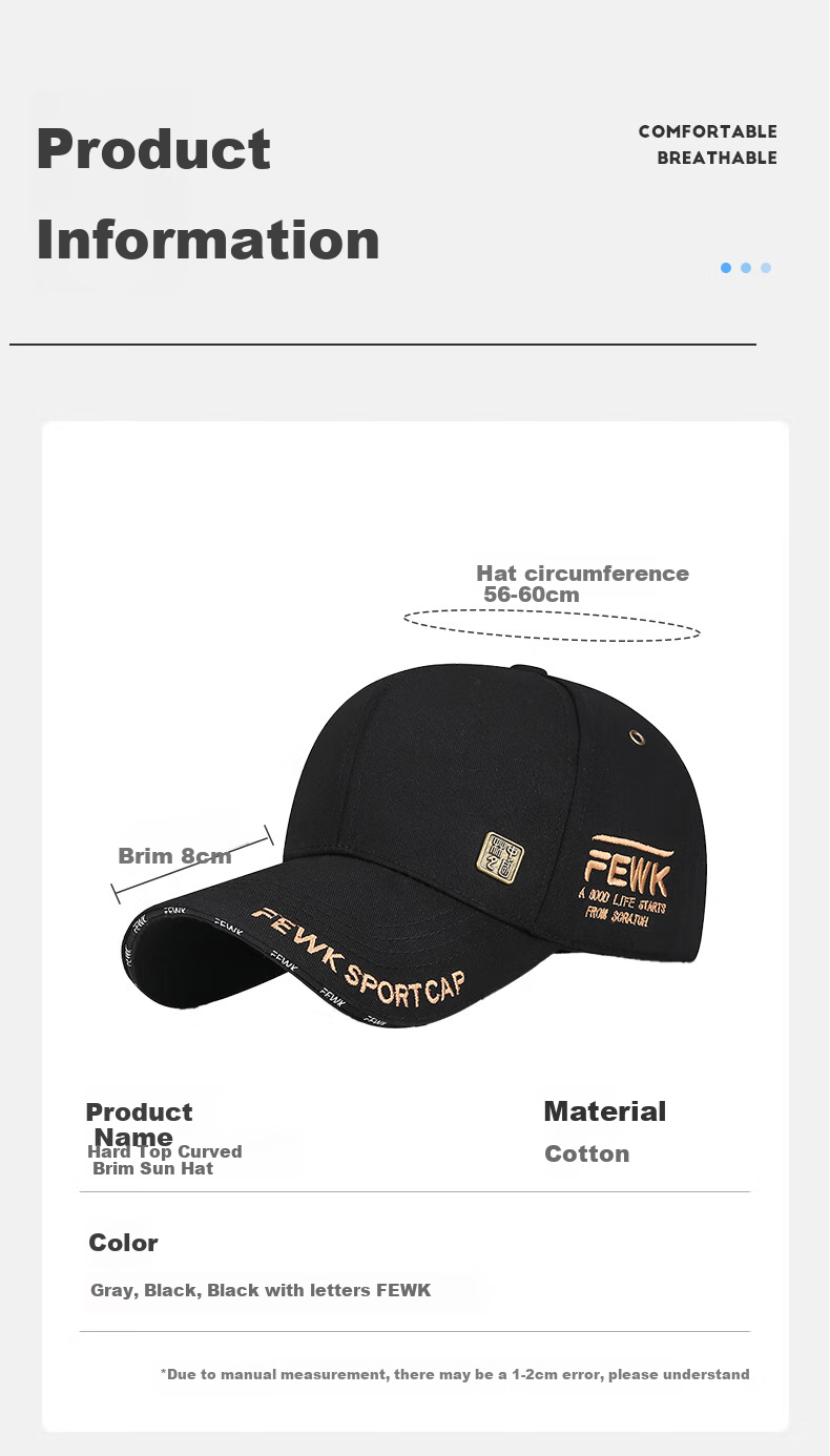 GLO-STORY Baseball Cap for Men And Women, Fashionable Outdoor All-Season Hard Brim Curved Visor Sports Sun Hat 3