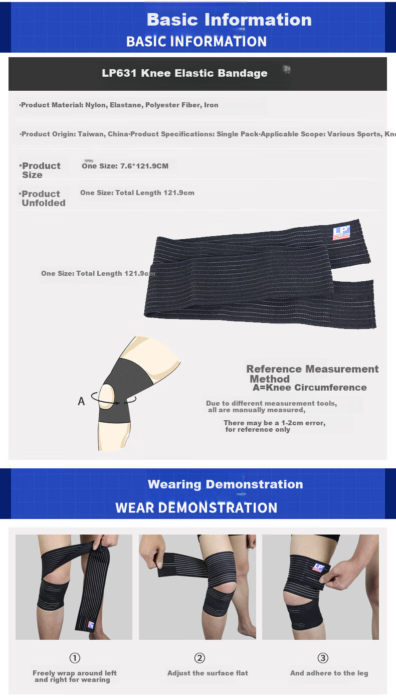 LP 631 Elastic Wrap Knee Brace for Sports, Deep Squats, Fitness, Basketball, Soccer, Hiking Protection, One Size Fits All for Men And Wome 4