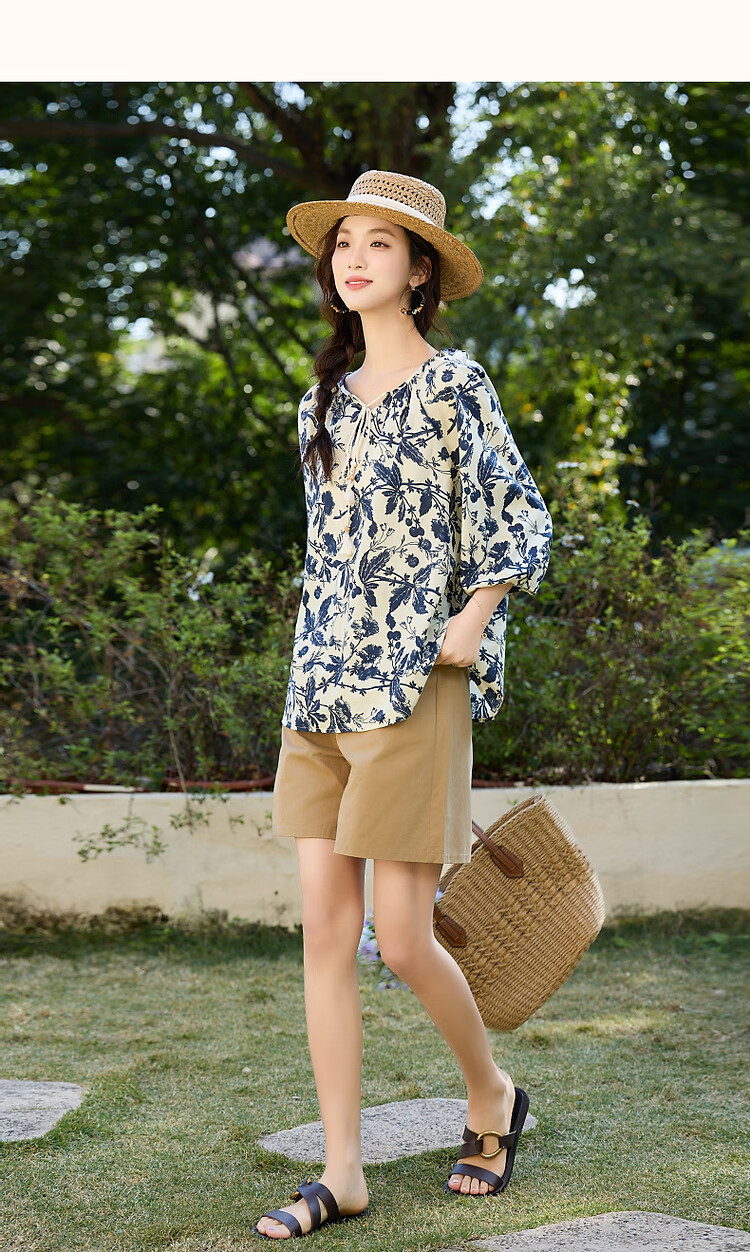 Dme [Yihua Yishijie] Summer Comfortable Pure Cotton Printed Shirt with Tie-Up Collar And Three-Quarter Sleeves Women's Blouse Top 10