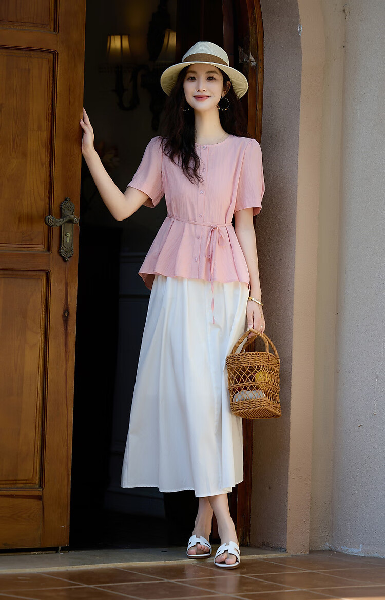 Dme [Elegant Top Student] Summer Comfortable Draping Cotton Wrinkle Shirt with Puff Sleeves And Belt, Women's Blouse Top 13