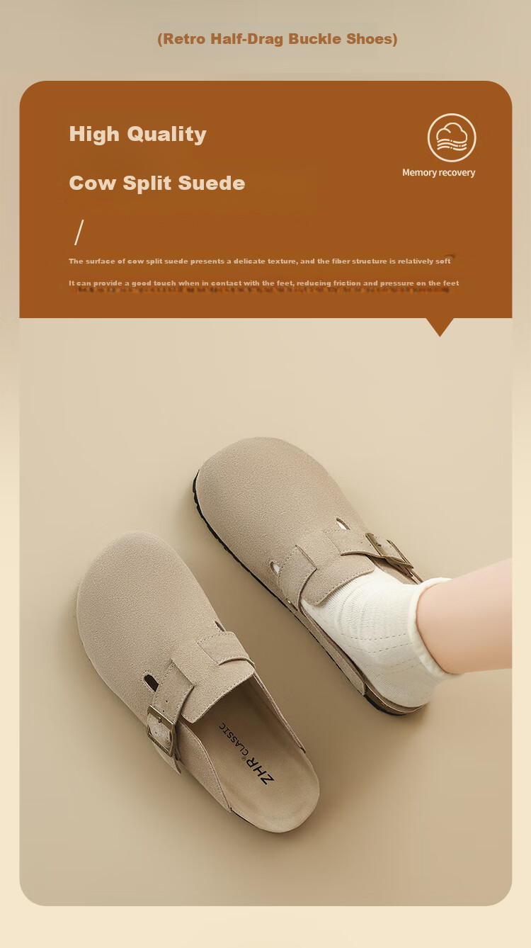 ZHR Women's Slippers, Retro Suede Cowhide Birkenstock-Style Shoes, Soft-Soled Outdoor Wear, Closed-Toe Slippers for Women, JQ03, Sand Color, Size 35 1