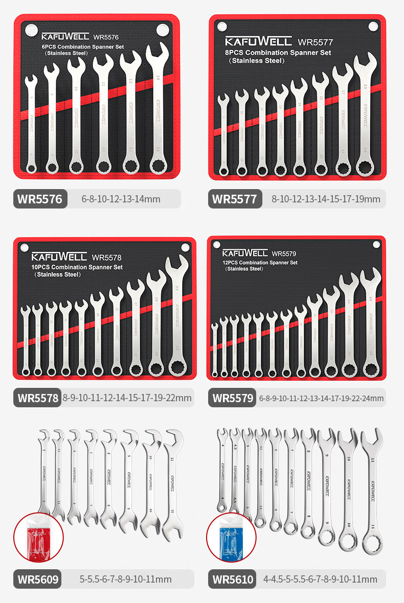 Kafuweier Plum Blossom Open-End Wrench Set, 5-11mm, 8-Piece Set, Small Dual-Use Wrench, Stainless Steel Model WR5609 9