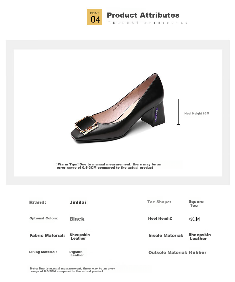 Goldlion Women's Square Toe Chunky High Heel Simple Metal Buckle Low-Cut Work Pumps 68291009601P - Black - Size 36 5