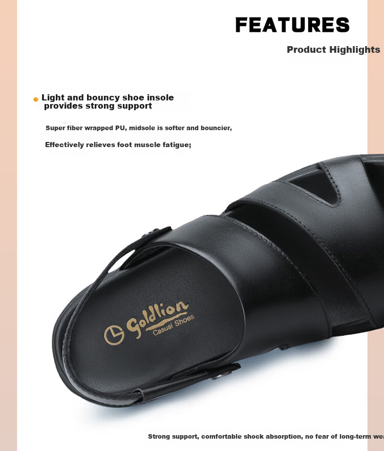 Goldlion Sandals for Men, Breathable Beach Shoes, Casual Outdoor Leather Shoes, 542810036AQF-Black Size 41 3