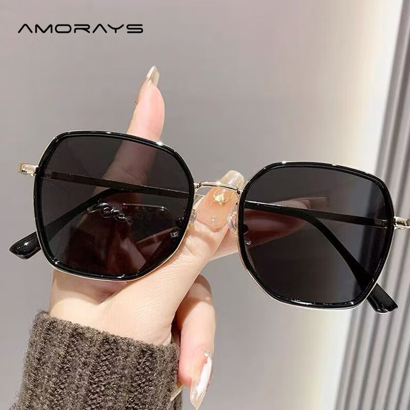 AMORAYS Women's New Korean-Style Fashion Polarized Sunglasses, Face-Shaping, Suitable for Square And Round Faces, Making Face Look Smaller, Black And Gold Color