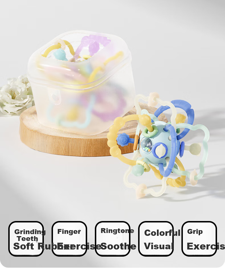 Beitaisi Manhattan Teething Ball, Baby Silicone Chew Toy, for 0-1 Year Old Infants, Early Education Toy, Amber Blue 1