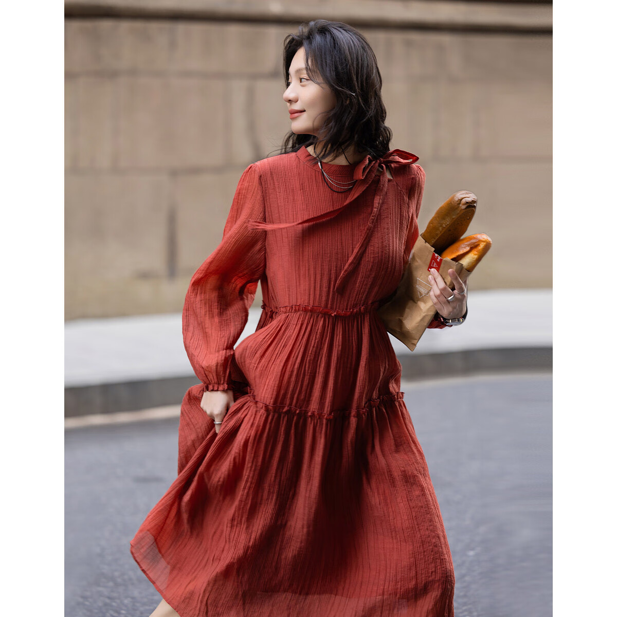 Dme [Boleng Zhilian] Spring French-Style Split Ruffle Trim Round Neck A-Line Concealing Mid-Length Women's Dress