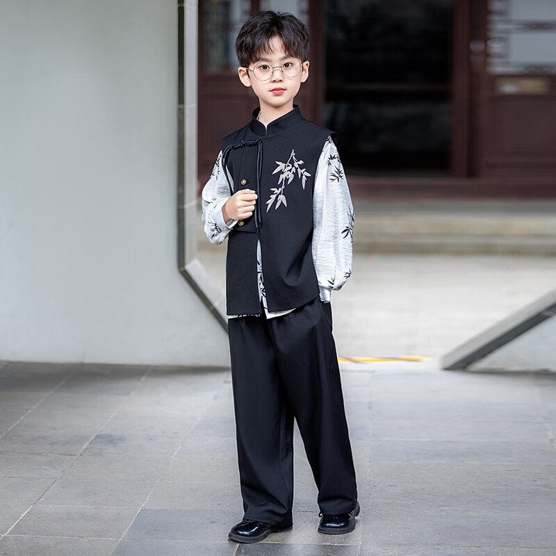 Radish Beibei Boys' New Chinese Style National Vest Set Children's Ancient Style Hanfu Performance Costume Black Two-Piece Set Size 150