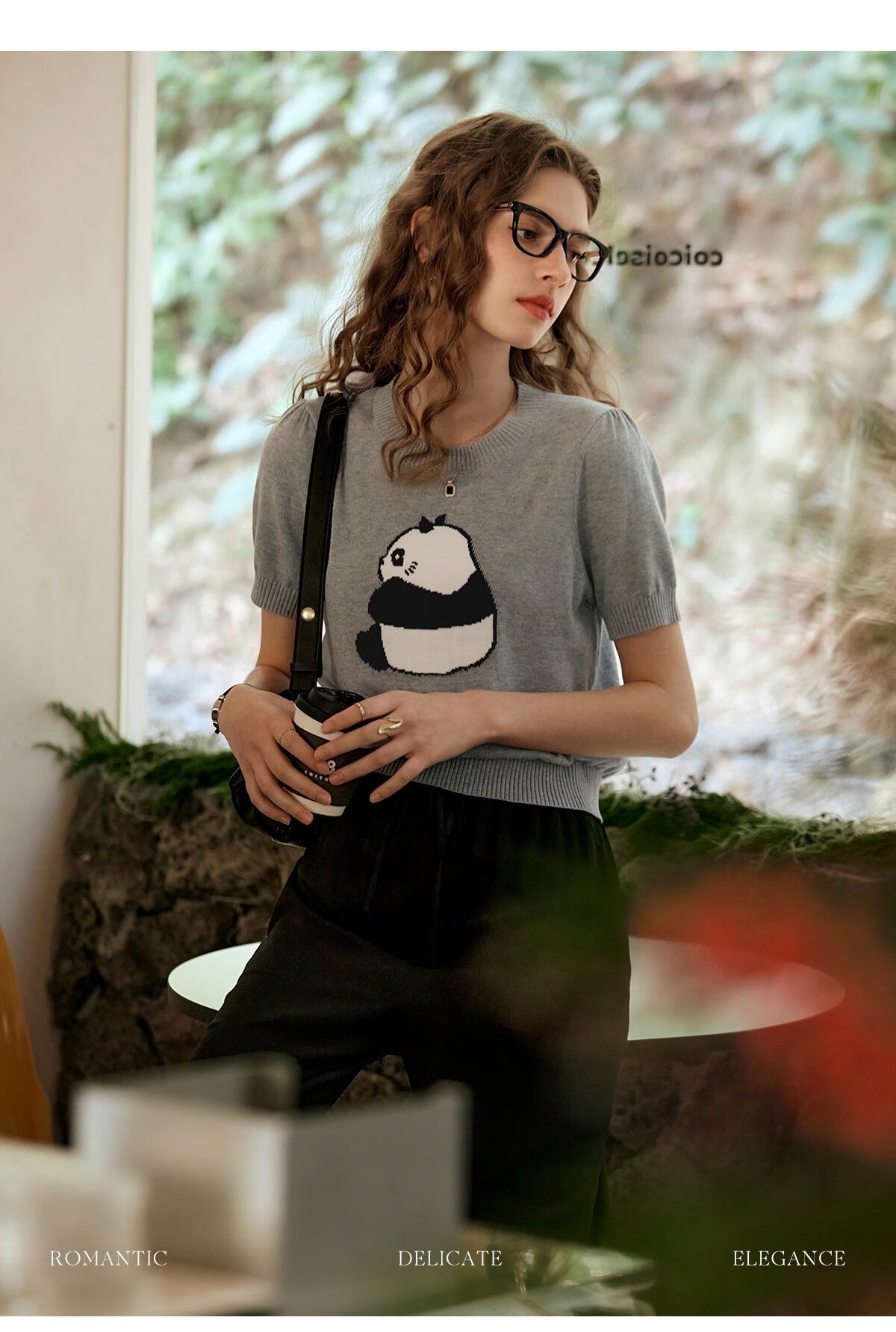 Oulain Elegant Short-Sleeve Knit Top for Women, Spring And Summer Fun Panda Pullover Sweater, Light Gray, L 8