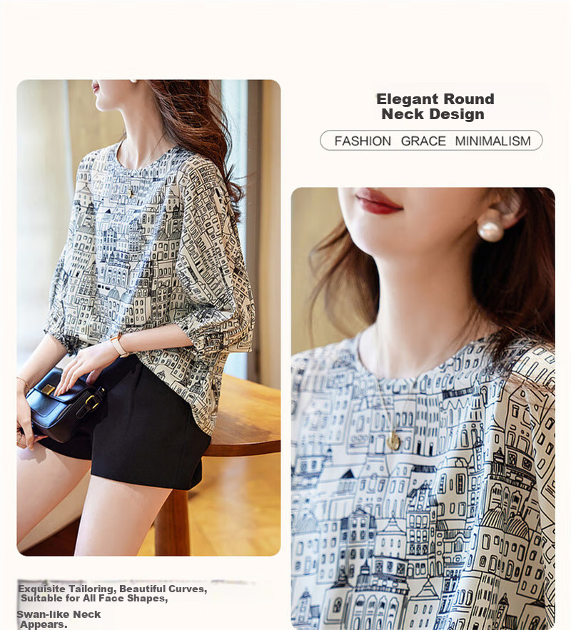 Dme [Wandering Cities] Summer Design Line Architecture Print Shirt, Smooth Composite Silk Floral Yao Blouse Women's Top 5