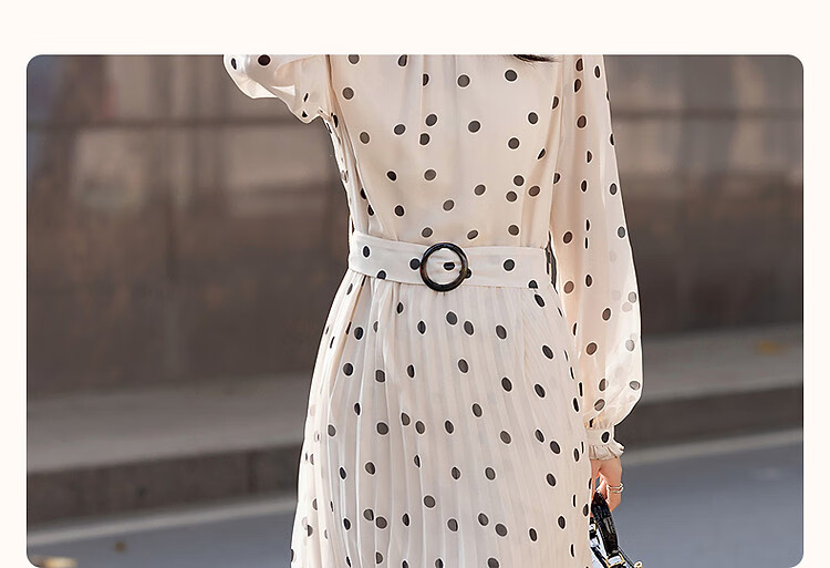 Dme [Elegant French Girl] Autumn Vintage Polka Dot Waist-Cinching Pleated Skirt with Ruched Hem, A-Line Women's Dress 4