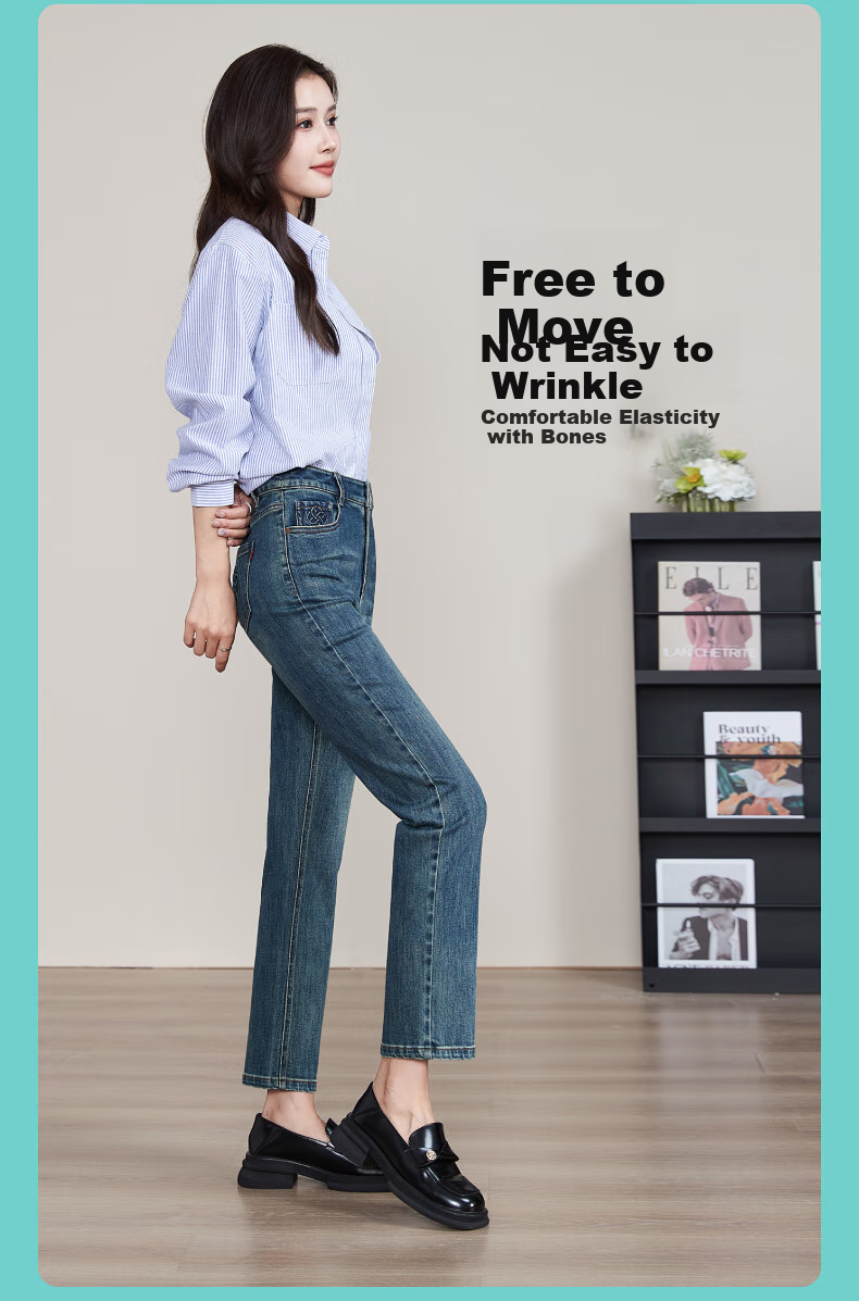 ESE-Y Straight-Leg Jeans for Women, New Spring 2025 Style, Elastic Slimming for Petite Figures, Vintage Blue, Size 30 5
