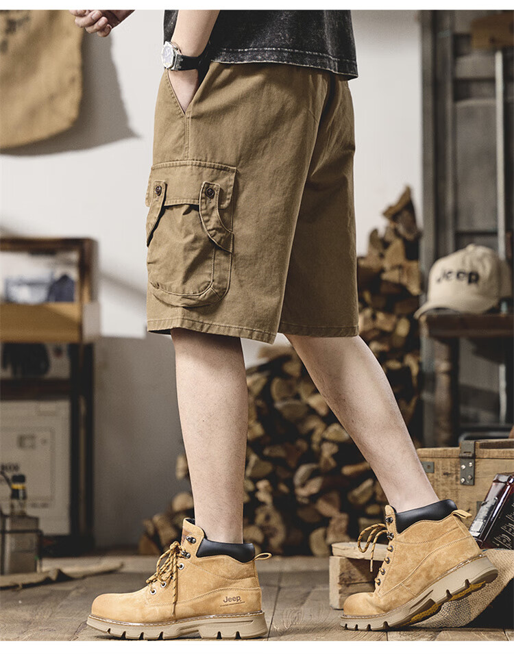 JEEP Men's Shorts, Summer Casual Breathable Loose Cargo Pants, Versatile Knee-Length Shorts for Men, Khaki, M 7