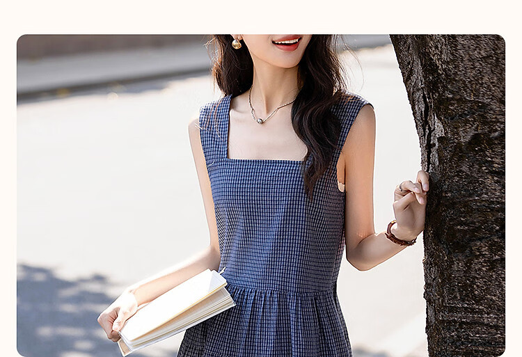 Dme [Japanese-Style Light-Colored Outfit] Summer Cloud Cotton Square Neck Plaid Spaghetti Strap Sleeveless A-Line Patchwork Long Dress for Wome 3
