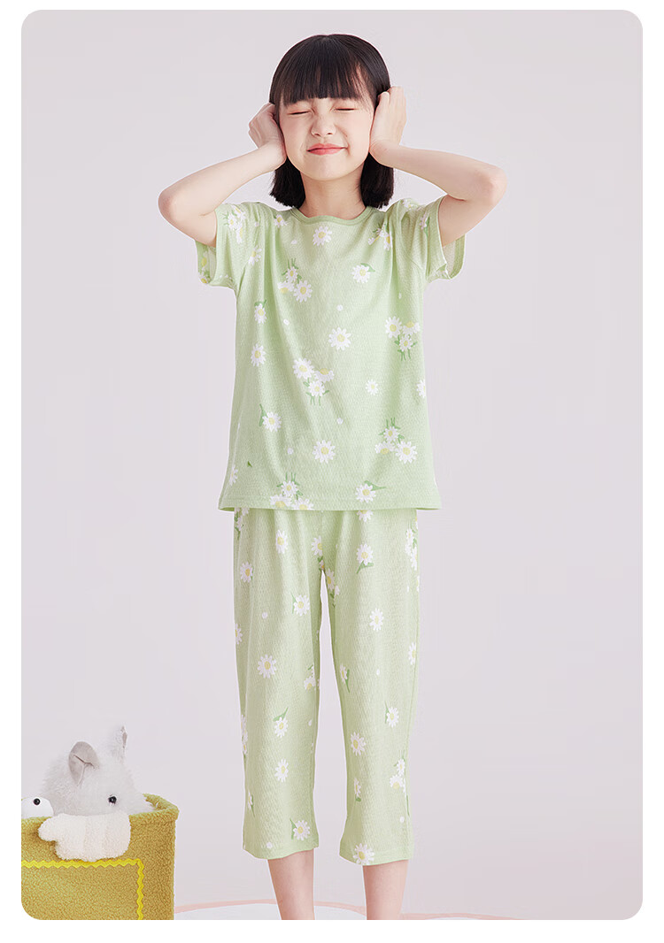 DEESHA Girls' Pajamas, Spring And Summer Thin Mesh Breathable Antibacterial Pure Cotton Air Conditioning Wear, for Older Children's Home Wear Set 10