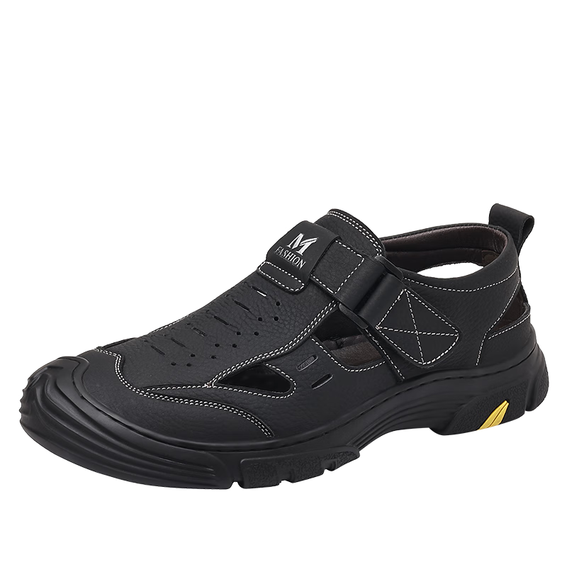 EGCHI Men's Sandals, Beach Shoes, Top-Grain Leather, Hollow-Out Velcro Sandals, J28021, Black, Size 39