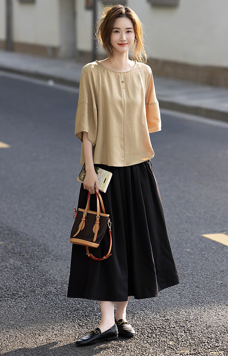 Dme [Monet Garden] Summer Lightweight Breathable Silk Blend Shirt, Round Neck, Loose Fit, Comfortable, Slimming Blouse Top 10