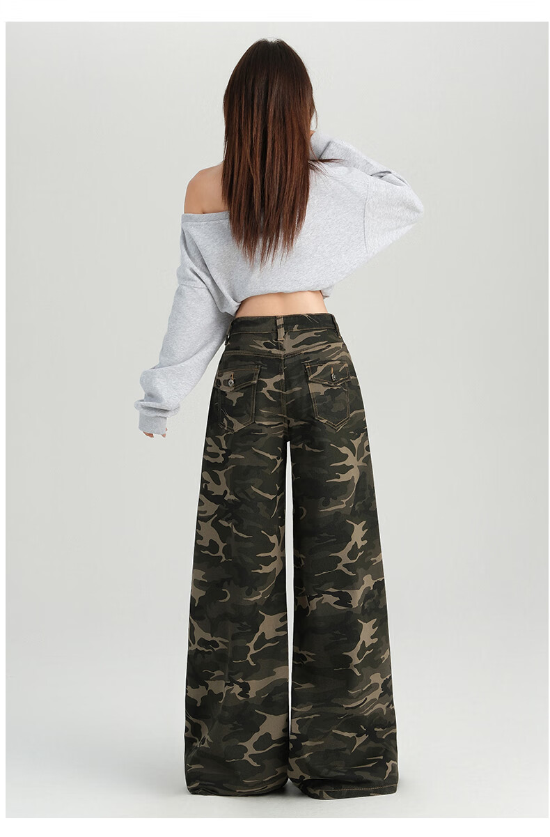 Jeanswest Women's Jeans, Spring And Summer American Camouflage, High-Waisted Slimming Straight-Leg Loose Wide-Leg Casual Pants, Gray Camouflage Long Trousers, XL 7