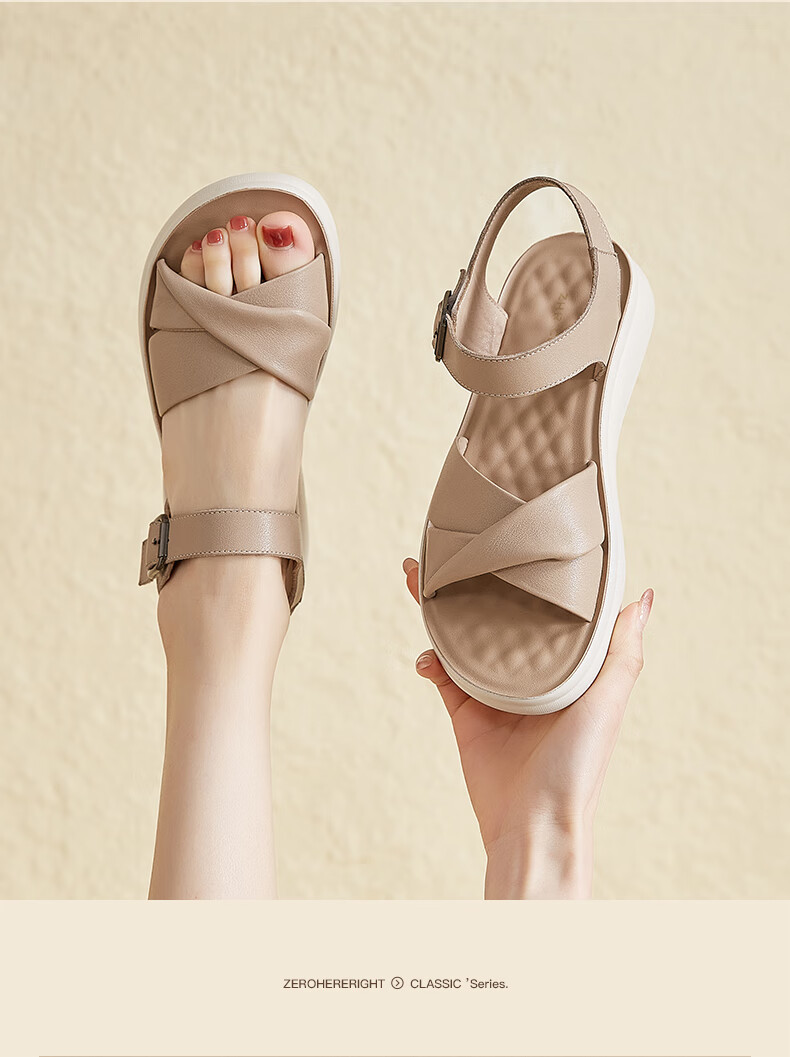 ZHR Zese First Layer Cowhide Thick Sole Sandals Women Summer Breathable Open Toe Comfortable Leather Soft Sole Single Strap Shoes EQ05 Beige Size 36 12